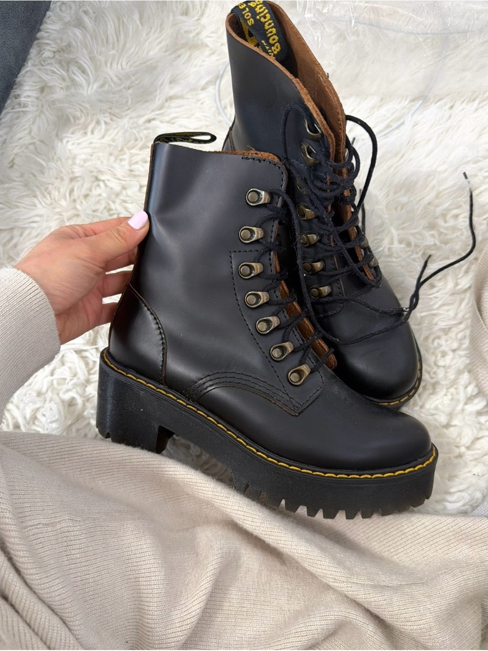 Dr. Martens Black Lace-Up Platform Combat Boots with Yellow Stitching